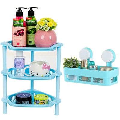 

【Jingdong Supermarket】 Qingwei bathroom sucker racks three-storey storage racks washing cosmetics storage 2 sets of blue