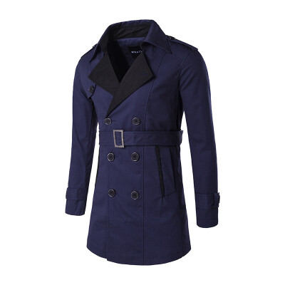 

Men Warm Winter Long Coat Double Breasted Belt Water Fight Color Windbreaker