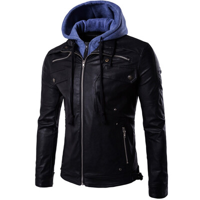 

Winter Men Removable Hooded Fake Two Pu Hoodie Coat