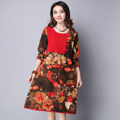 

Famous Brand Women Dress 2016 New Chinese Style Autumn Dress Fashion Print Full Pockets Loose Dresses