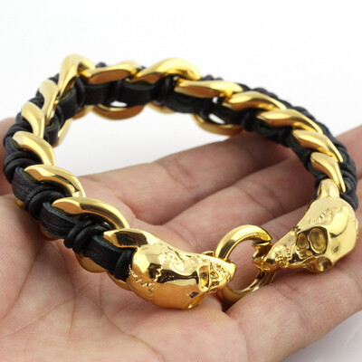 

Fashion Mens Jewelry gold Skull Charm Bracelet 316L Stainless Steel PU Leather Braided Wristband Hasp mens jewelry stores
