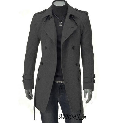 

Fashion Lapel Long-sleeved Shoulder Strap Double-breasted Black Men Long Woolen Windbreaker