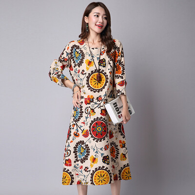 

Chinese Style Women Dress Fashion Print A-Line Autumn Dress Mid-Calf O-Neck Dresses