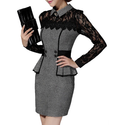 

Fashion Women Woolen and Lace Dress Slim Long Sleeves Wedding Party Dress Evening Dress