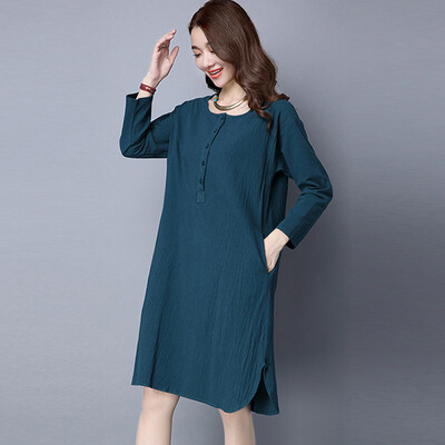

3 colors Women Dress Fashion Chinese Style A-Line Print Autumn Dress Knee-Length O-Neck Dresses