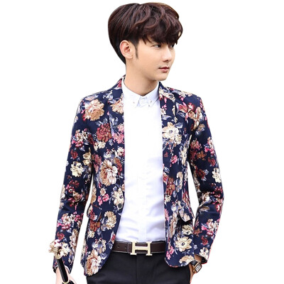 

MSEK) XZ6453 suit male Korean version of the fashion printing Slim Sanshi West jacket blue