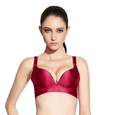 

Qu Mu no steel wire drawing gathers twist adjustable solid color simple wind underwear Seamless comfortable bra QM7620 red wine 75B