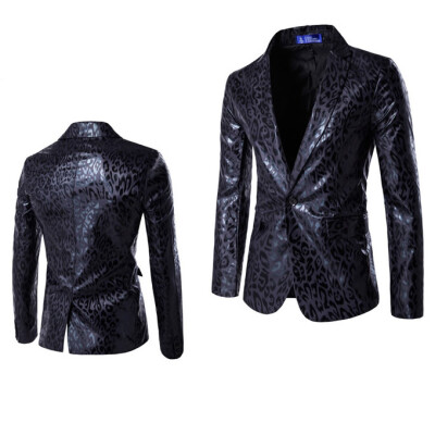 

Men One Button Suit Leopard Print Blazer Groom Dress Performance Suit