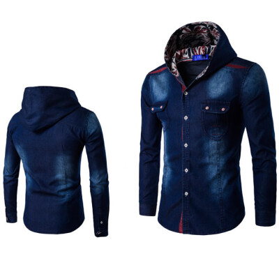 

Men's Hooded Denim Long Sleeved Shirt