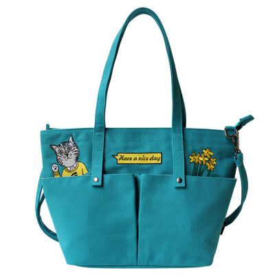 

Flower princess pockets of cats original embroidery shoulder shoulder towel canvas bag 1701DX005 green