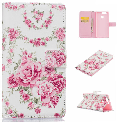 

Pink Rose Design PU Leather Flip Cover Wallet Card Holder Case for HUAWEI P9