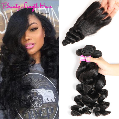 

Peruvian Virgin Hair Loose Wave with Closure 4pcs Peruvian Loose Wave Human Hair Extensions Loose Curly Lace Closure
