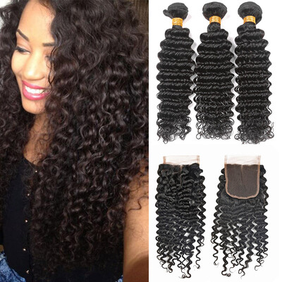 

Bling Hair Brazilian Virgin Hair Deep Wave 3 Bundles with Closure 7A Grade 100 Unprocessed Human Hair Weave
