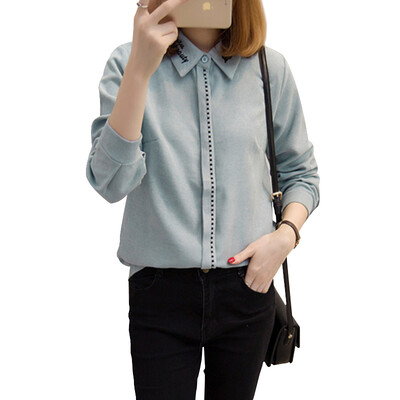 

Long Yue Women 2017 spring new long-sleeved shirt Korean wild casual fashion short paragraph shirt tide LWCC171206 blue L