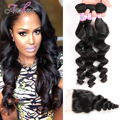 

Loose Peruvian Virgin Hair With Closure Peruvian Loose With Closure 7A Unprocessed Human Hair 3 Bundles With Lace Closure