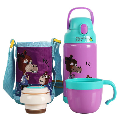 

【Jingdong supermarket】 small palm Meng children's insulation Cup with straw children's cup baby children's insulation pot stainless steel student cup with cup sets of blue pig