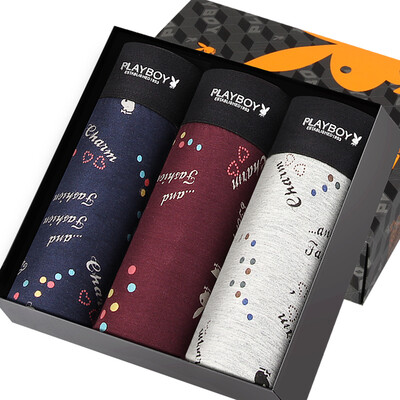 

Playboy men&39s underwear underwear men&39s flat pants breathable printing four pants 3 gift box suit purple flower blue blossom suit combination