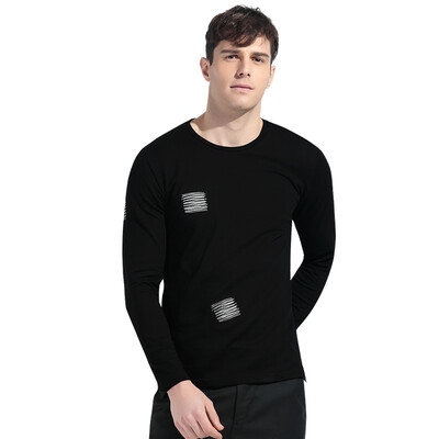 

Red beans Hodo men's business casual fashion simple line embroidery craft men's round neck long sleeve T-shirt S5 black 175 / 92A