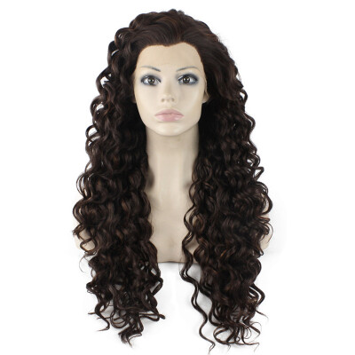 

26inch Long Curly Brown Highlight Heat Friendly Fiber Hair Natural Synthetic Lace Front Wig