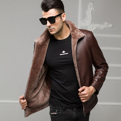 

Men's leather jacket long sleeve autumn witer genuine sheepskin coat real leather the newest loose style with stand collar and woo