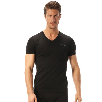 

Seven Wolves Short Sleeve T-Shirt Male Spring Summer Business Casual V-Neck Slimming Satin Silky Cotton 98771 Black 2XL