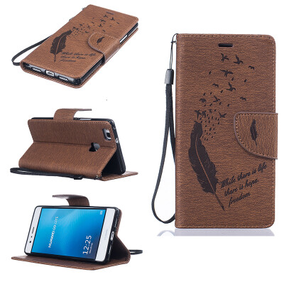 

coffee Feathers and birds Style Embossing Classic Flip Cover with Stand Function and Credit Card Slot for HUAWEI P9 Lite