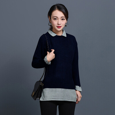 

KuoyiHouse 8011A sweater spring fringe shirt collar knitting stitching fake two sets of sets of split t-shirt army green uniform