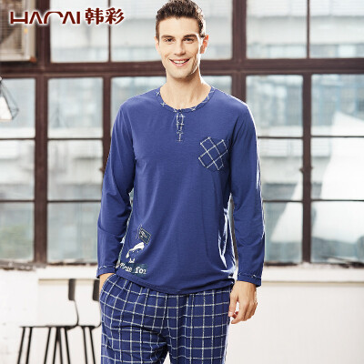 

HACAI men&39s pajamas long-sleeved modal round neck thin card cartoon printing men&39s clothing suit blue 175 100