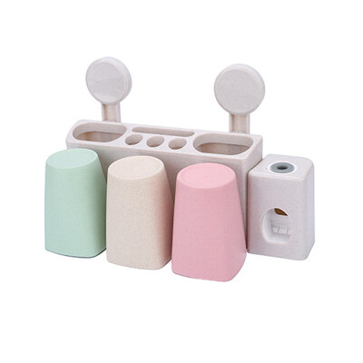 

Benjani Wheat Straw Washing Series Three-door House Wall-mounted toothbrush holder Rinse cup Set Automatic squeeze toothpaste cup sucker brush cup