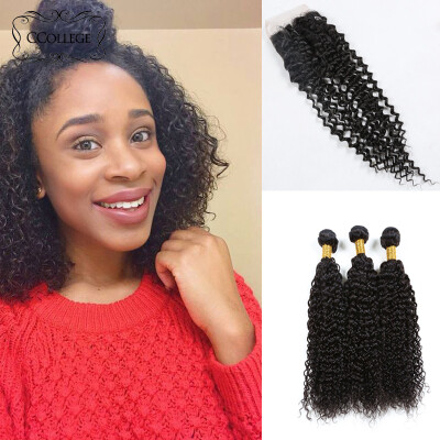 

2017 Ccollege Hair Products 8A Brazilian Virgin Kinkly Curly 3 Pcs With Lace Closure 100% Human Hair With Closure Free Shipping