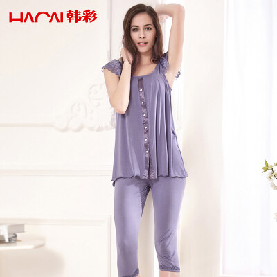 

Han Choi HACAI pajamas summer short sleeves Modal Ms pure color round neck loose home clothing suit blue 16590