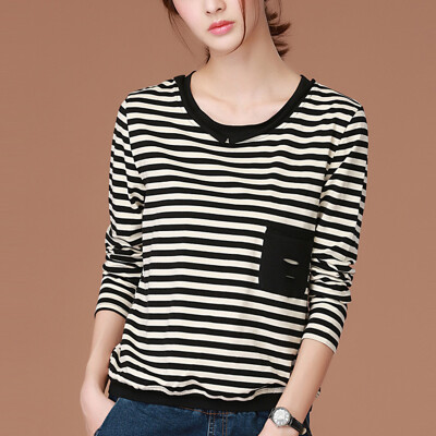 

CITYPLUS FAN Sen Department of striped round neck casual long-sleeved T-shirt women CWTC171156 black&white stripes