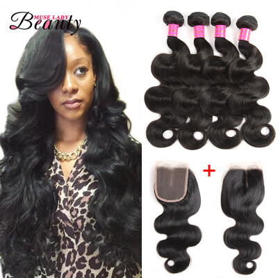 

Muse Lady Beauty Peruvian Body Wave Human Hair Extension Unprocessed Virgin Hair Weaves with Closure 4 Bundles Lot with Closure