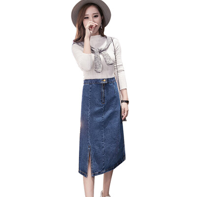

Long Yue women's high waist skirt wild denim skirt was thin skirt open fork Slim package hip skirt LWQZ172306 blue