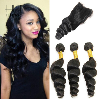 

HHHair Peruvian Loose Wave With Closure Loose Wave 3 Bundles With 4x4 inch Lace Closure Virgin Human Hair Weaves