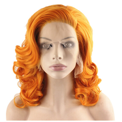 

16inch Shoulder Length Wavy Half Hand Tied Lace Front Orange Synthetic Wig