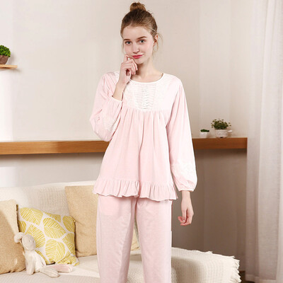 

Red beans home ladies pajamas spring&autumn cotton long-sleeved lace bow home clothing set 108 pink 160 84A
