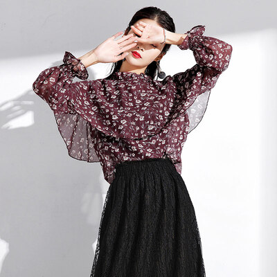 

MAZOE fashion ladies fake two horns sleeves floral chiffon shirt M002 wine red uniform