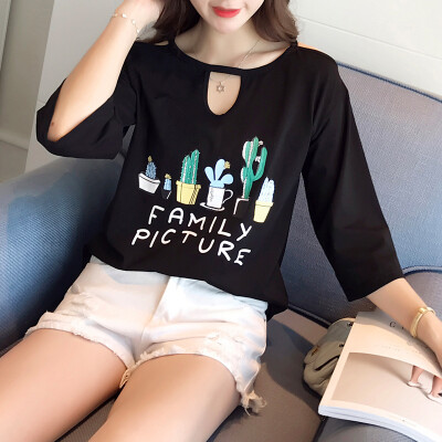 

VIVAHEART Korean casual loose hollow print T-shirt T-shirt female Korean version of the round neck coat VWTD173132 black