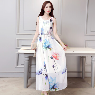 

A morning morning 2017 women&39s Korean version of the chiffon print dress in the long section of the beach skirt sleeveless dress spring&summer S62A0074 white