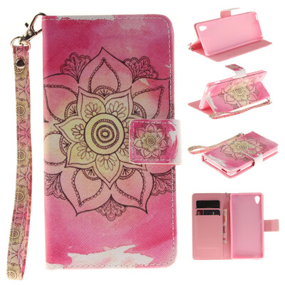 

Pink flower Design PU Leather Flip Cover Wallet Card Holder Case for SONY Xperia M4 Aqua