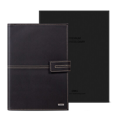 

Deli 3158 hardcover office live leather skin this notebook manual label ruler calendar pocket 25K 97 page brown