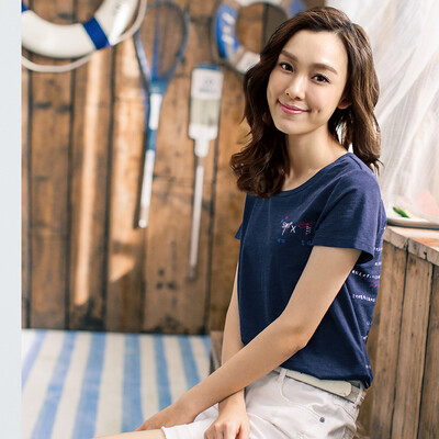 

Yinman INMAN 2017 summer new text printing cotton short-sleeved T-shirt women&39s t-shirt shirt deep treasure blue  1862022467