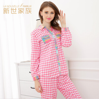 

Miyuki family pajamas women cotton lattice long sleeves home service XB4761 pink grid