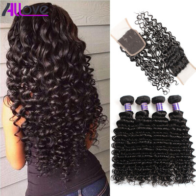 

7A Brazilian Deep Wave With Closure 3 bundles Brazilian Virgin Hair With 1 Lace Closure Cheap Brazilian Deep Curly Hair Closure