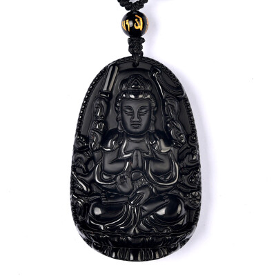 Ling Fei obsidian Samantabhadra Pendant is a dragon snake zodiac Buddha necklace men and women with beads chain trumpet