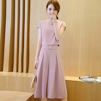 

A Tang Chen 2017 wide leg pants suit female fashion round neck short-sleeved loose short jacket waist was thin seven pants S62X0032A26S pink