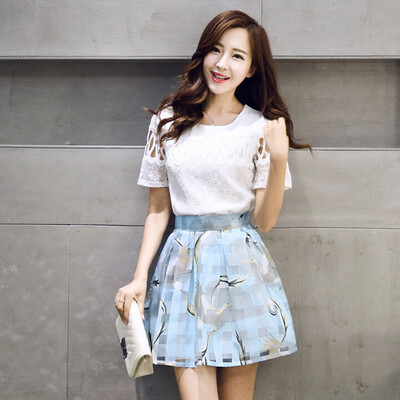 

Longyue Women Korean High Spring and Summer High Dress Dress Slim Set LA16052402 White Blue