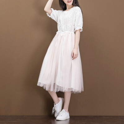 

City plus CITYPLUS art lofty embroidery network yarn splicing waist five points bubble sleeves Princess dress CWQZ173156 white yarn L