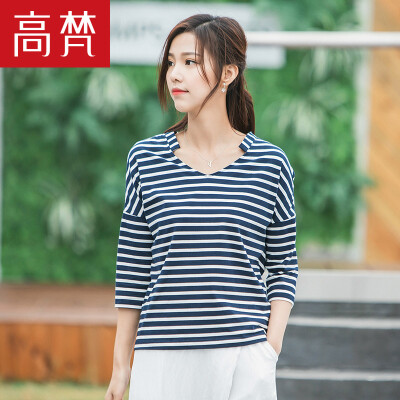 

High Vatican Korean version of the cotton striped women&39s seven-point sleeve t-shirt ladies sea soul primer shirt G1170012 white Tibetan green strip 160 M